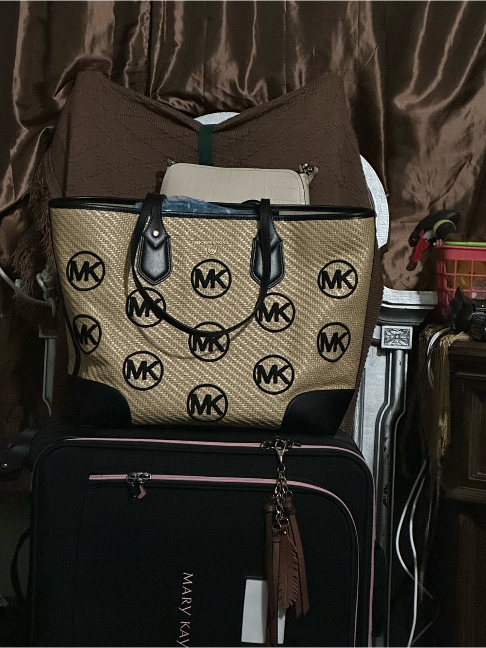 Michael Kors Gold and Black Logo Straw Tote